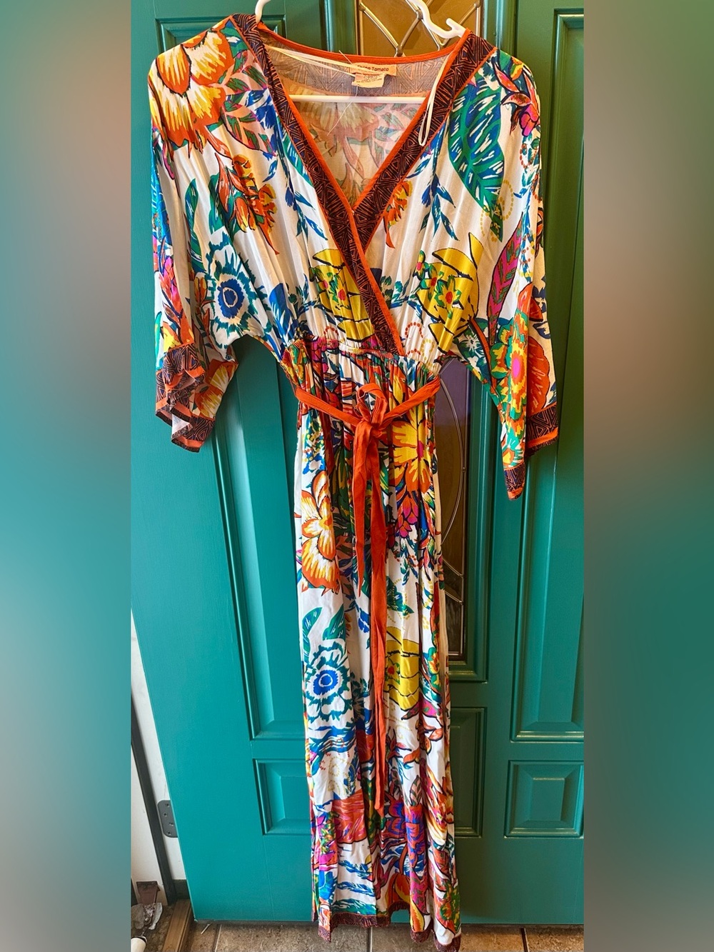 Flying Tomato Boho Tropical Floral Maxi Dress Wrap Kimono Sleeve Orange Size XS